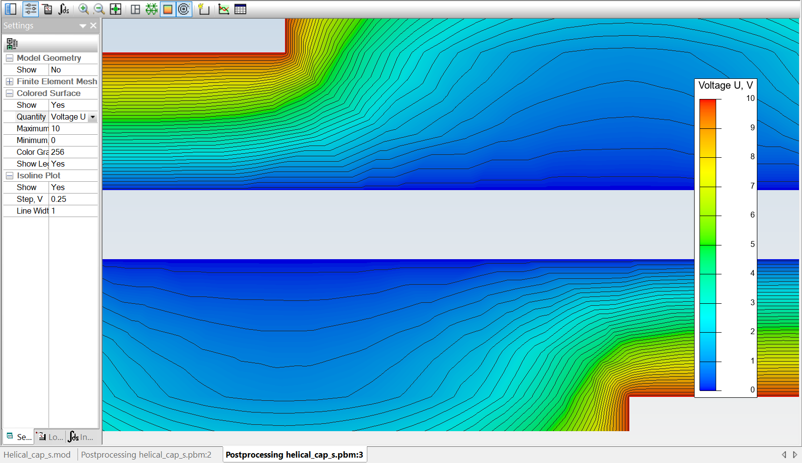 cette image montre le résultats de simulation avec QuickField avec une coupe et ses équipotentielles